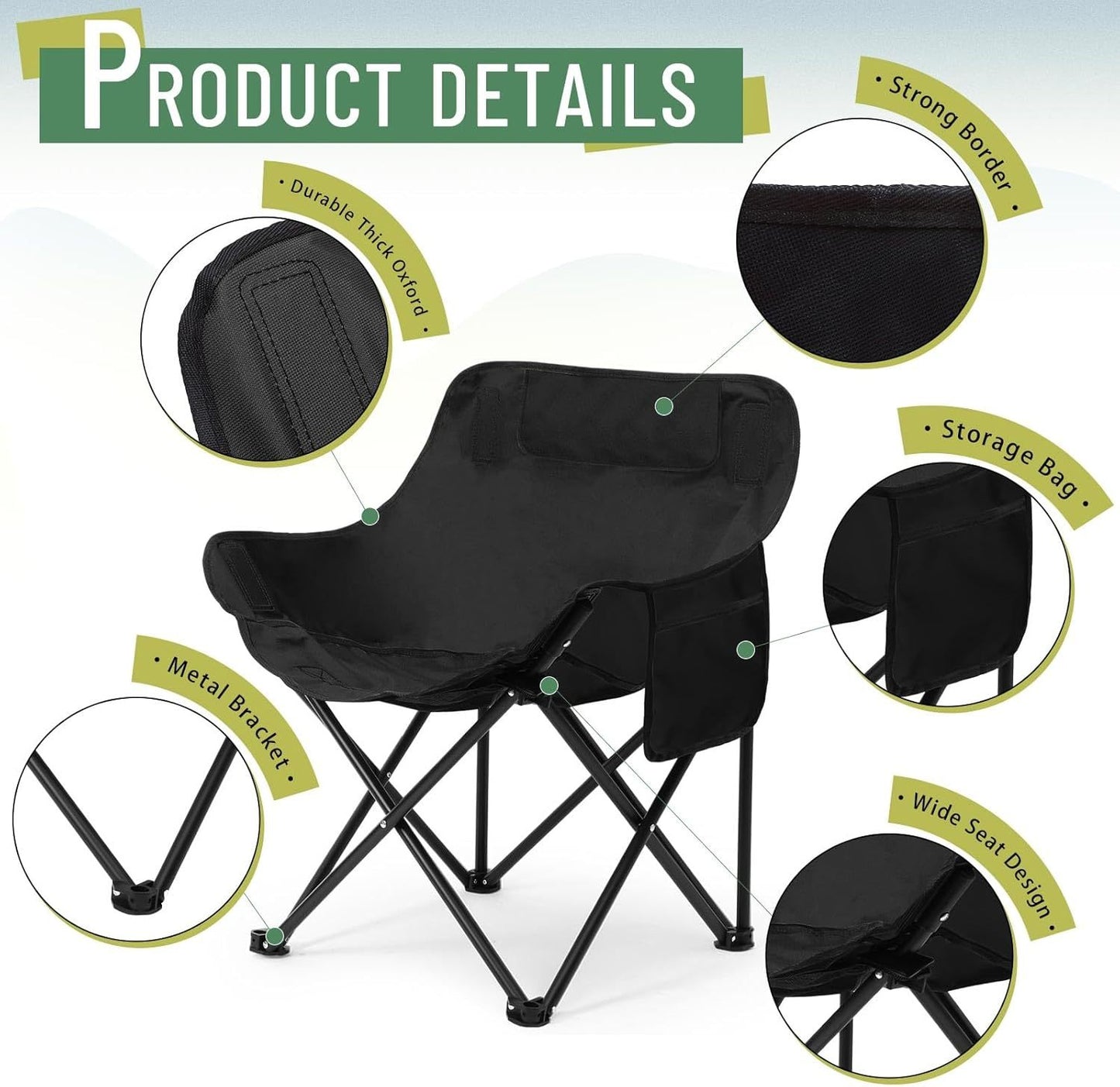 2 Pack Compact Camping Chairs Portable Folding For Outside With Carry Bag Lightweight Moon Chairs For Travel Picnic Hiking Beach Fishing, 600D Oxford, Supports 330lbs