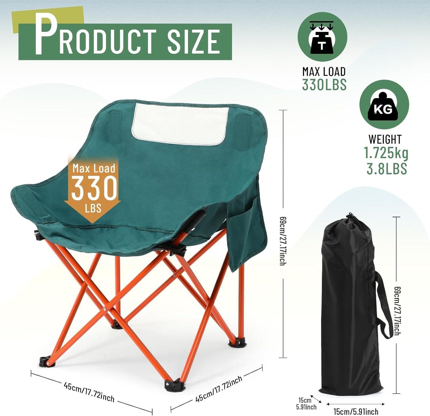 2 Pack Compact Camping Chairs Portable Folding For Outside With Carry Bag Lightweight Moon Chairs For Travel Picnic Hiking Beach Fishing, 600D Oxford, Supports 330lbs